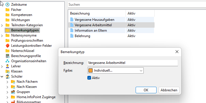 Screenshot Bemerkungstypen