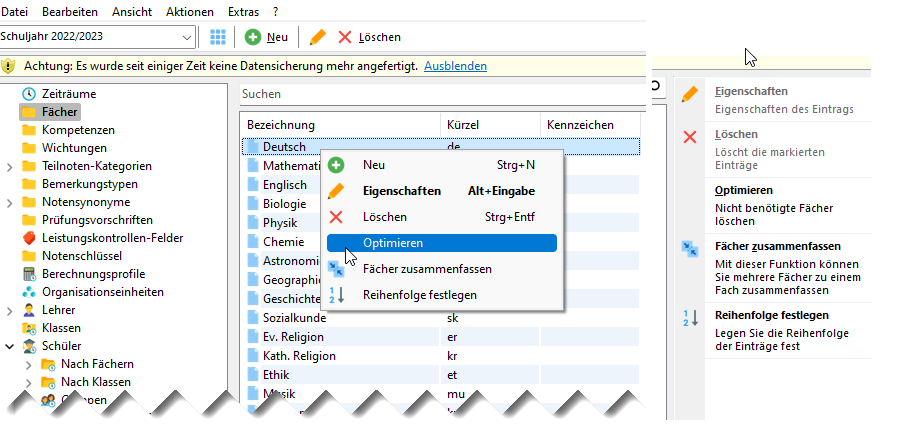 Dialog Fächer optimieren