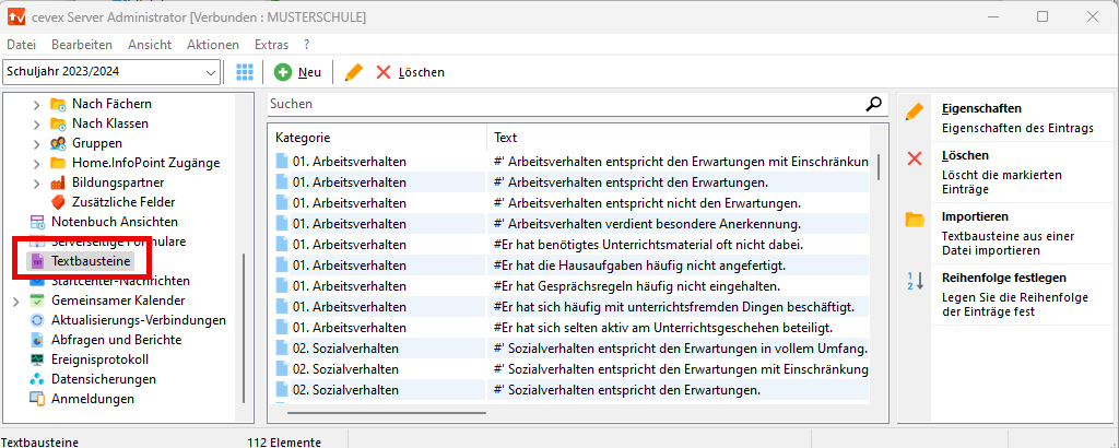 Screenshot Ansicht Textbausteine