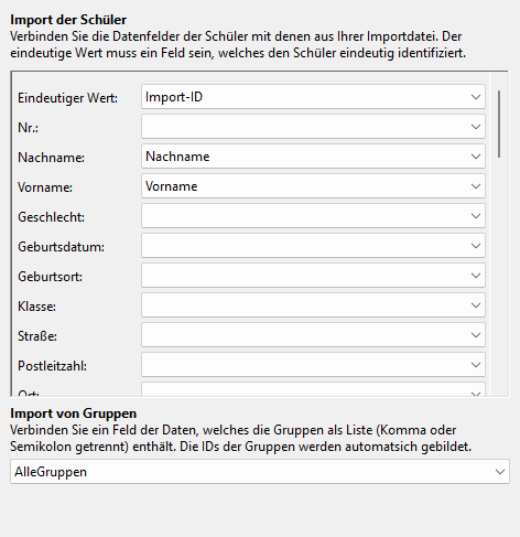 Screenshot Eingabemaske Import der Schüler