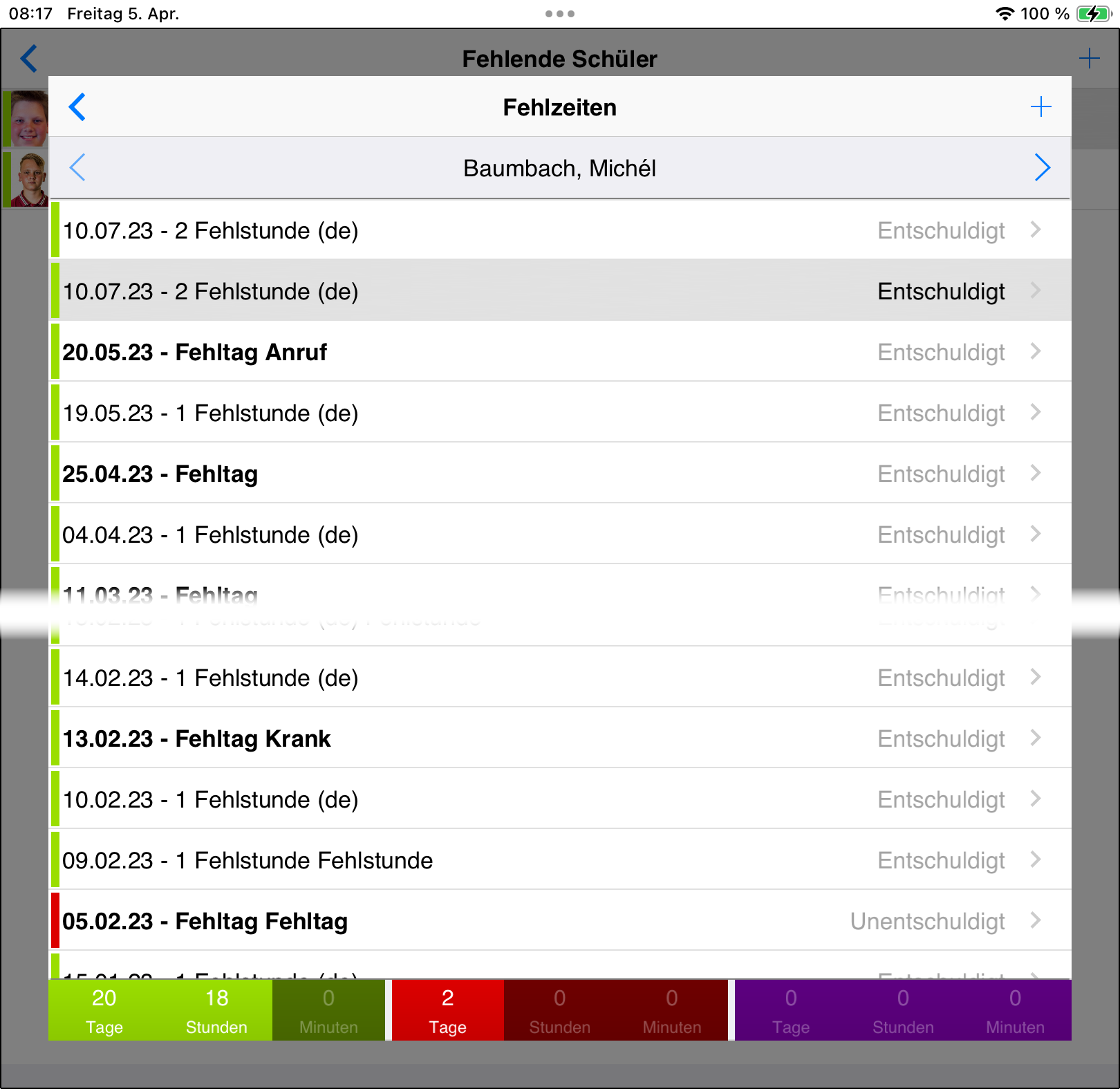 Screenshot Fehlzeiten Übersicht einzeln