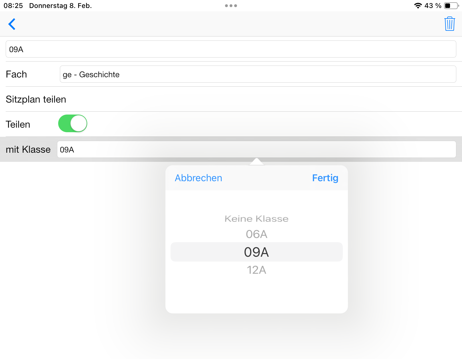 Screenshot Einstellungen Sitzplan