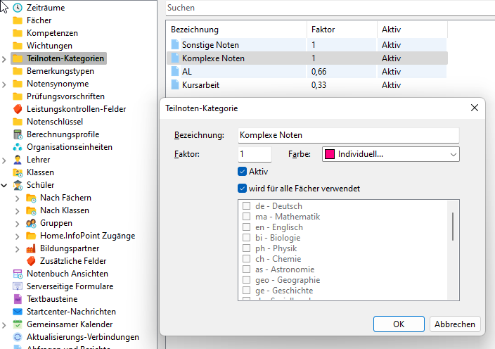 Screenshot Eigenschaften Teilnoten-Kategorien