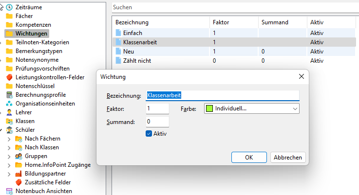 Screenshot Wichtungen Eigenschaften