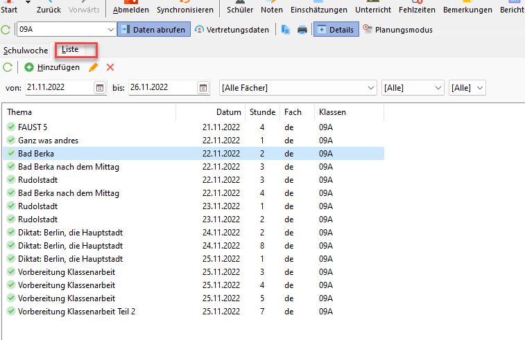 Screenshot Unterricht Listenansicht