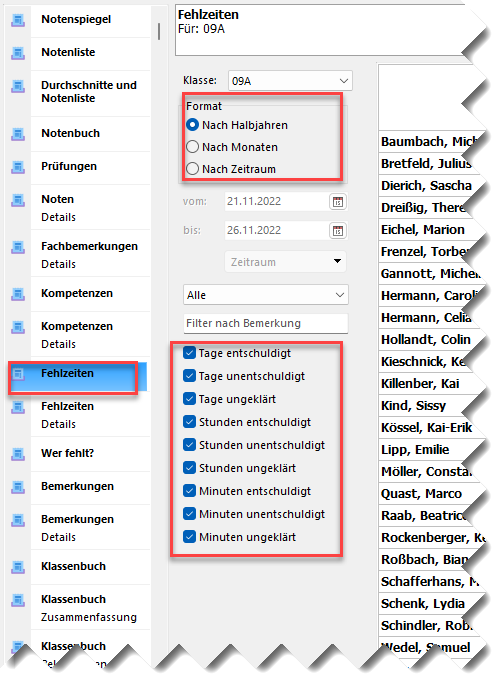 Screenshot Bericht Fehlzeiten