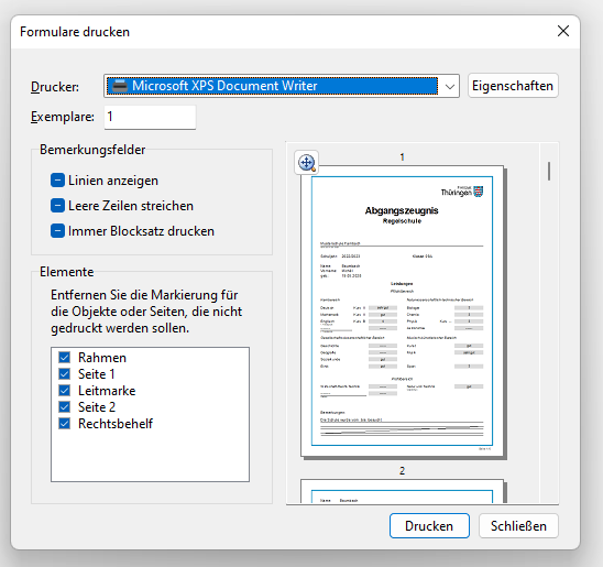 Dialog Formulare drucken