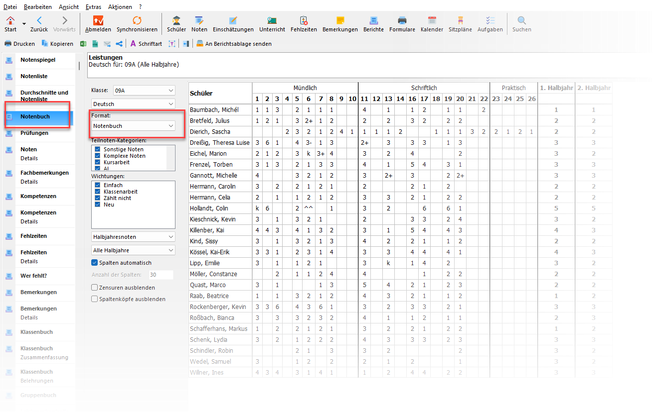 Screenshot Bericht Notenbuch
