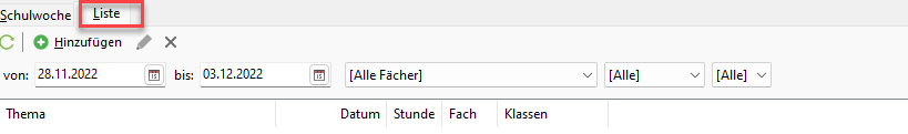 Unterrichtsansicht Liste