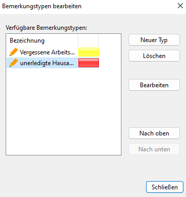 Screenshot Bemerkungstypen