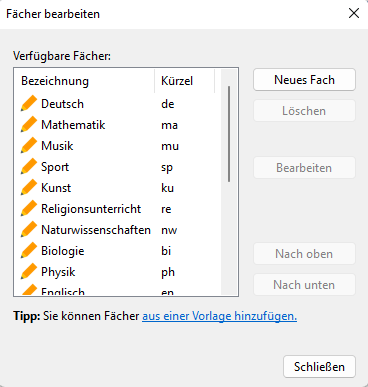 Screenshot Fächer bearbeiten