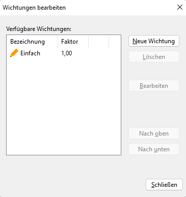 Screenshot Wichtungen bearbeiten