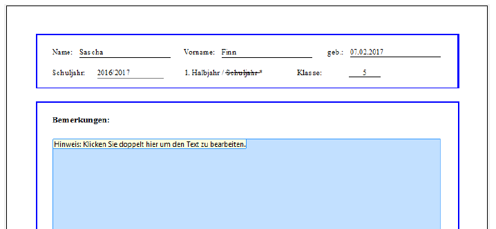 Bemerkungsfeld Formularansicht