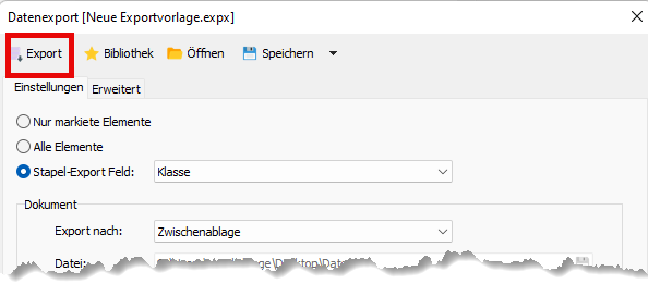 Screenshot Datenexport ausführen