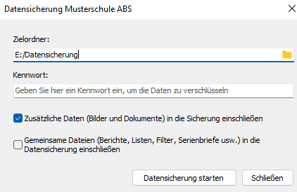 Screenshot Datensicherung Optionen