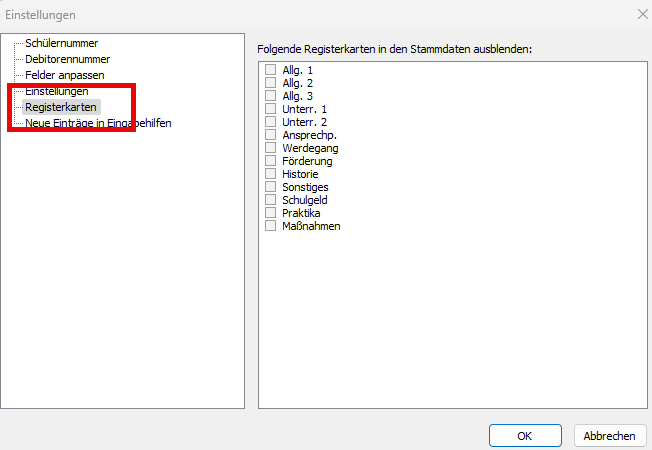 Screenshot Einstellung Registerkarten