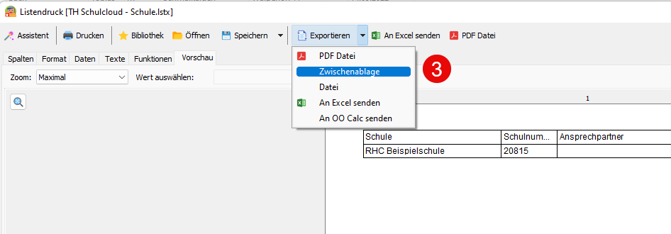 Screenshot Listendruck exportieren