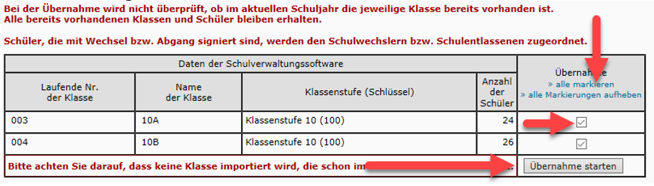 Screenshot Klassenauswahl