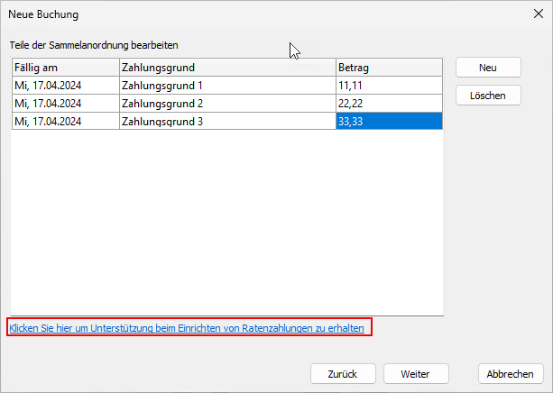 Screenshot Buchung Sammelanordnung 2