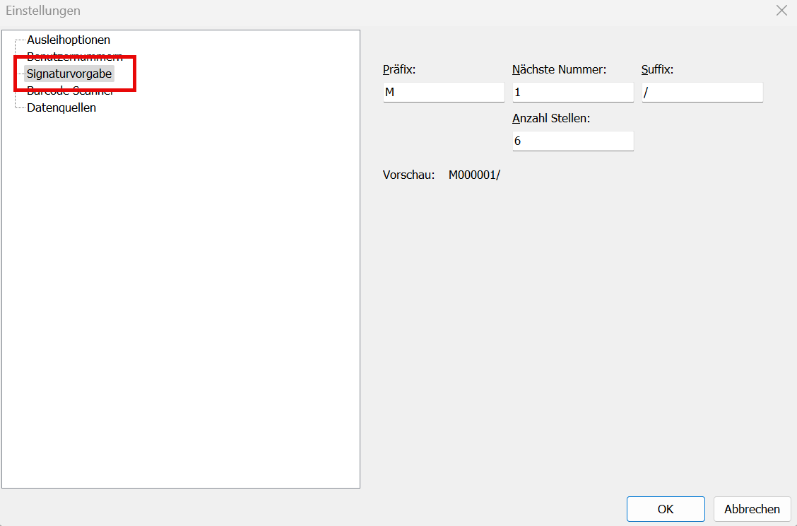 Screenshot Einstellungen Signaturvorgabe