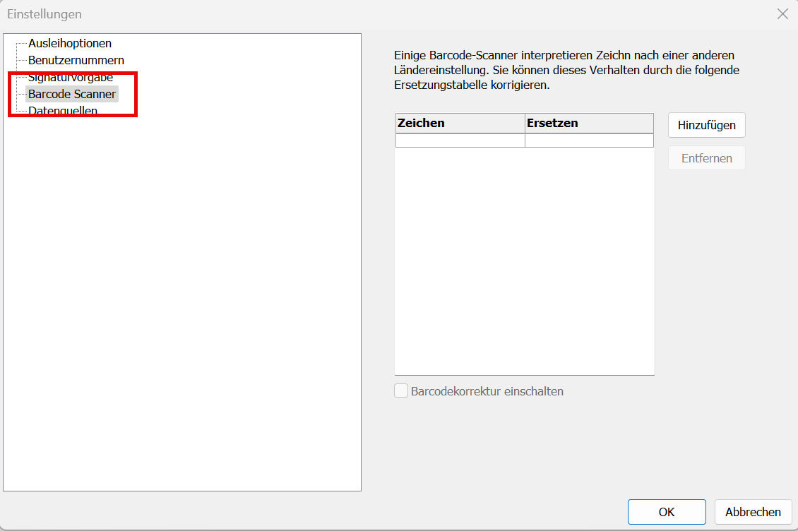 Screenshot Einstellungen Barcodescanner